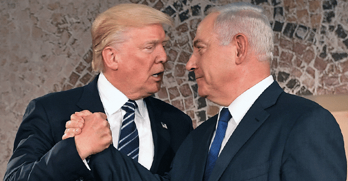 Bibi Netanyahu shaking hands with Donald Trump