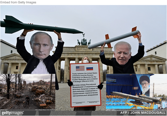 Putin and Biden effigies holding up nuclear missiles with inset of war in Ukraine and Iranian drone on display.