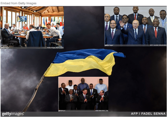 Ukrainian flag with images of world leaders meeting with Putin and Zelensky