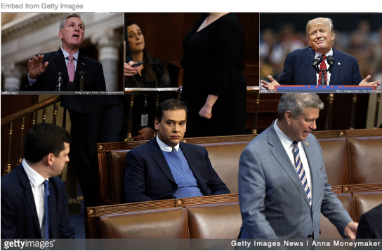 George Santos sitting along on floor of House with Kevin McCarthy and Donald Trump inset