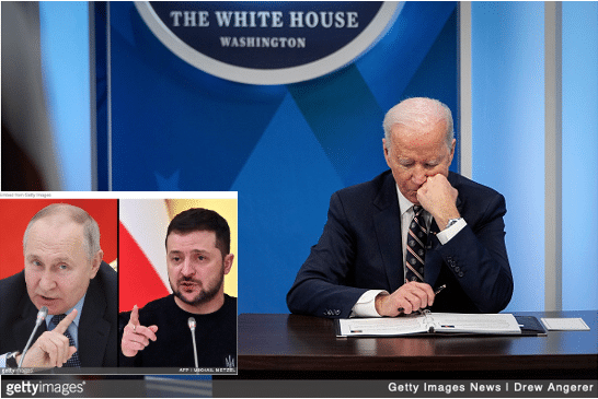 Biden sitting in contemplation at White House with Putin and Zelensky inset