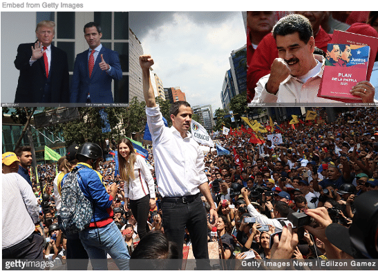 Juan Guaido rallying supporters with image of him visiting Trump White House and of Nicolas Maduro pumping his fist inset