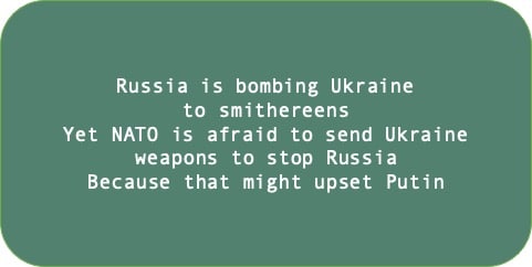 Russia is bombing Ukraine to smithereens. Yet NATO is afraid to send Ukraine weapons to stop Russia. Because that might upset Putin.