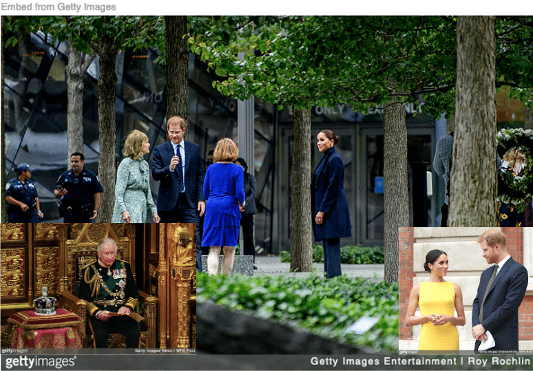 Harry and Meghan speaking with women outside and inset of them looking at each other. Charles sitting at opening of parliament.