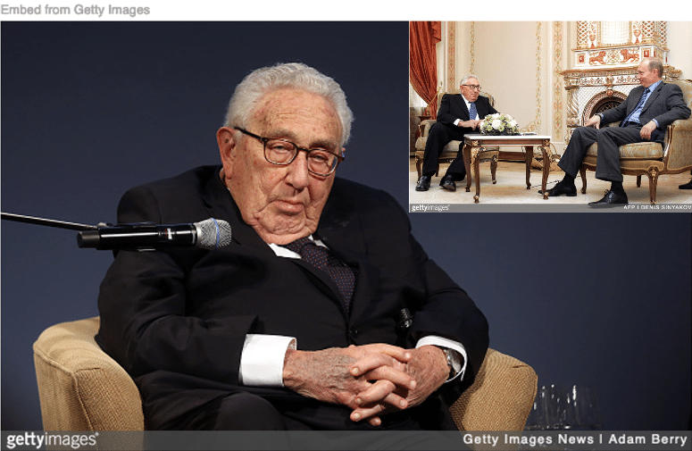 Kissinger sitting at conference and inset with Putin
