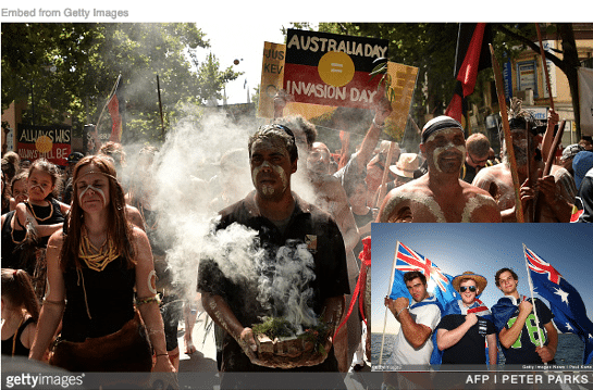 Aboriginals protesting Australia Day with White Australians inset celebrating it.