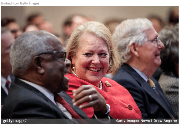 Clarence Thomas laughing with wife Ginni. He accepted luxury trips from a GOP donor.