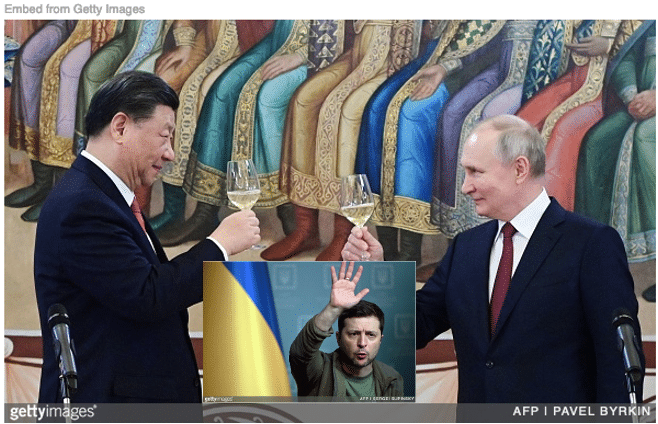 Xi and Putin toasting while Zelensky is waving his hand