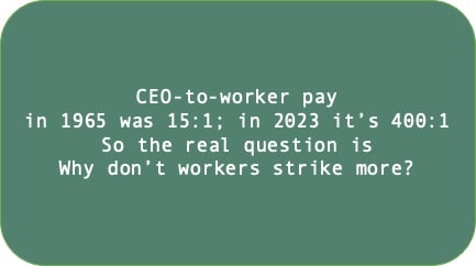 CEO-to-worker pay in 1965 was 15:1; in 2023 it's 400:1. So the real question is why don't workers strike more?