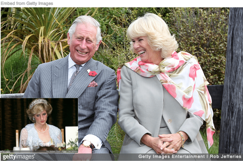 King Charles and Queen Camilla laughing on bench with sad picture of Princess Diana inset