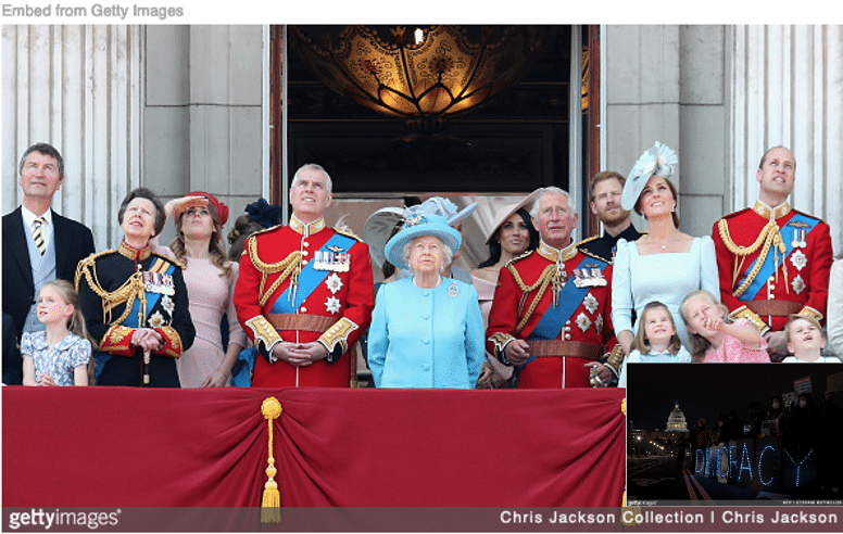 British royals standing on balcony with image of US capitol inset