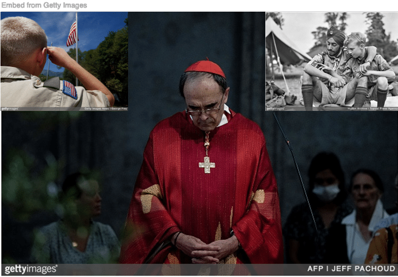 Catholic cardinal with head bowed in shame with cub scout saluting the flag and another sitting with scout leader inset