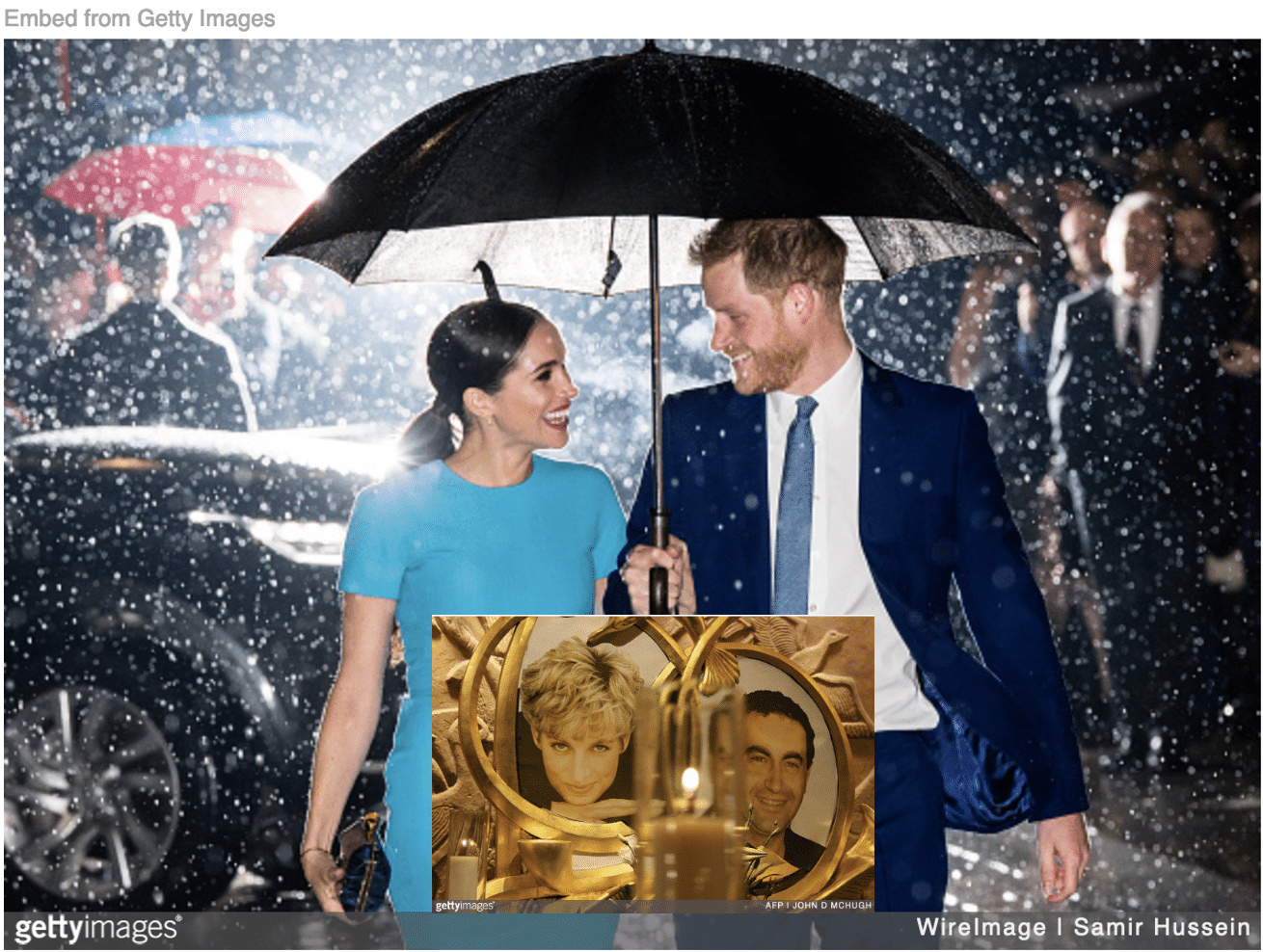 Harry and Meghan with umbrella in rain with photos of Dian and Dodi inset