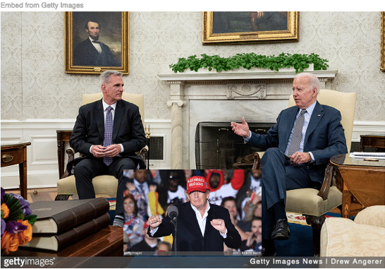 Biden and McCarthy negotiating debt ceiling deal with dancing Trump inset