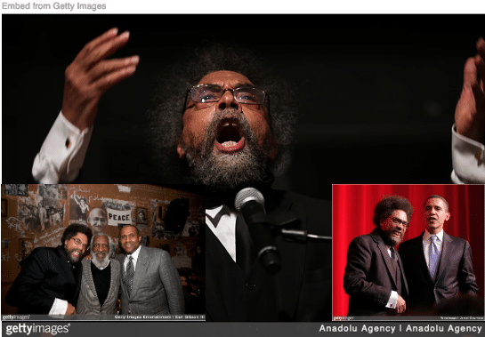 Dr. Cornel West delivering fiery speech with Tavis Smile and Dick Gregory as well as with Barack Obama inset