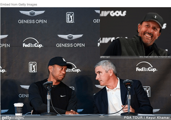Tiger Woods and Jay Monahan at PGA press conference and Phil Mickelson inset