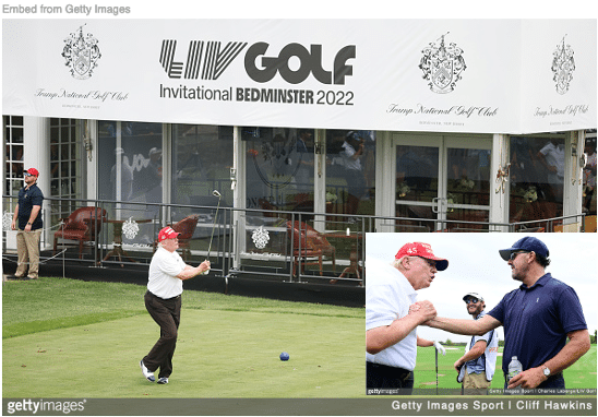 Trump teeing off at LIV Golf at his own resort and inset shaking hand with Phil Mickelson.