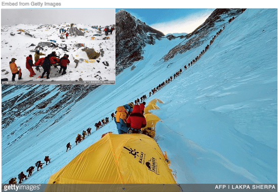 Climbers on Everest with Sherpas carrying injured climber inset.