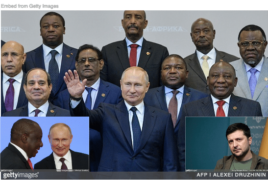 Putin in family photo with African leaders with Putin and Ramaphosa and Zelensky alone inset