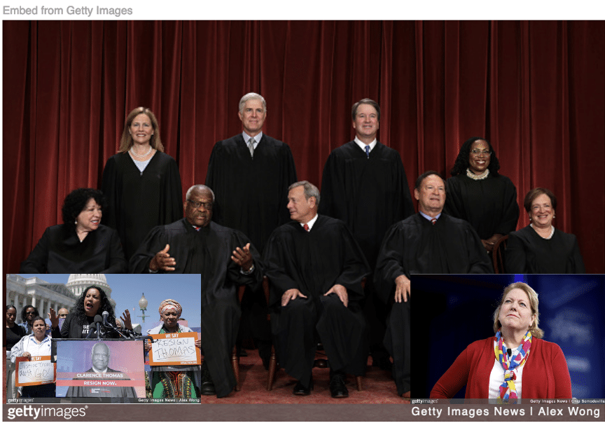Supreme Court justices class photo with congressmen protest Thomas and his wife Ginni inset
