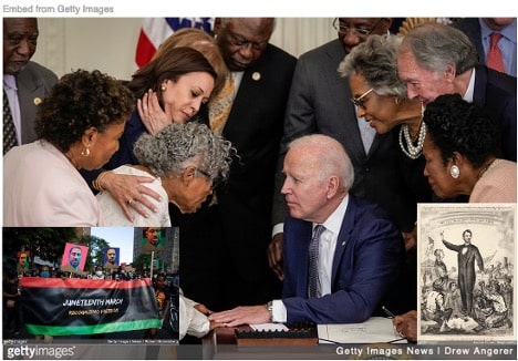 Biden signing Juneteenth holiday bill Black supporters and holiday celebration and image of Lincoln inset.