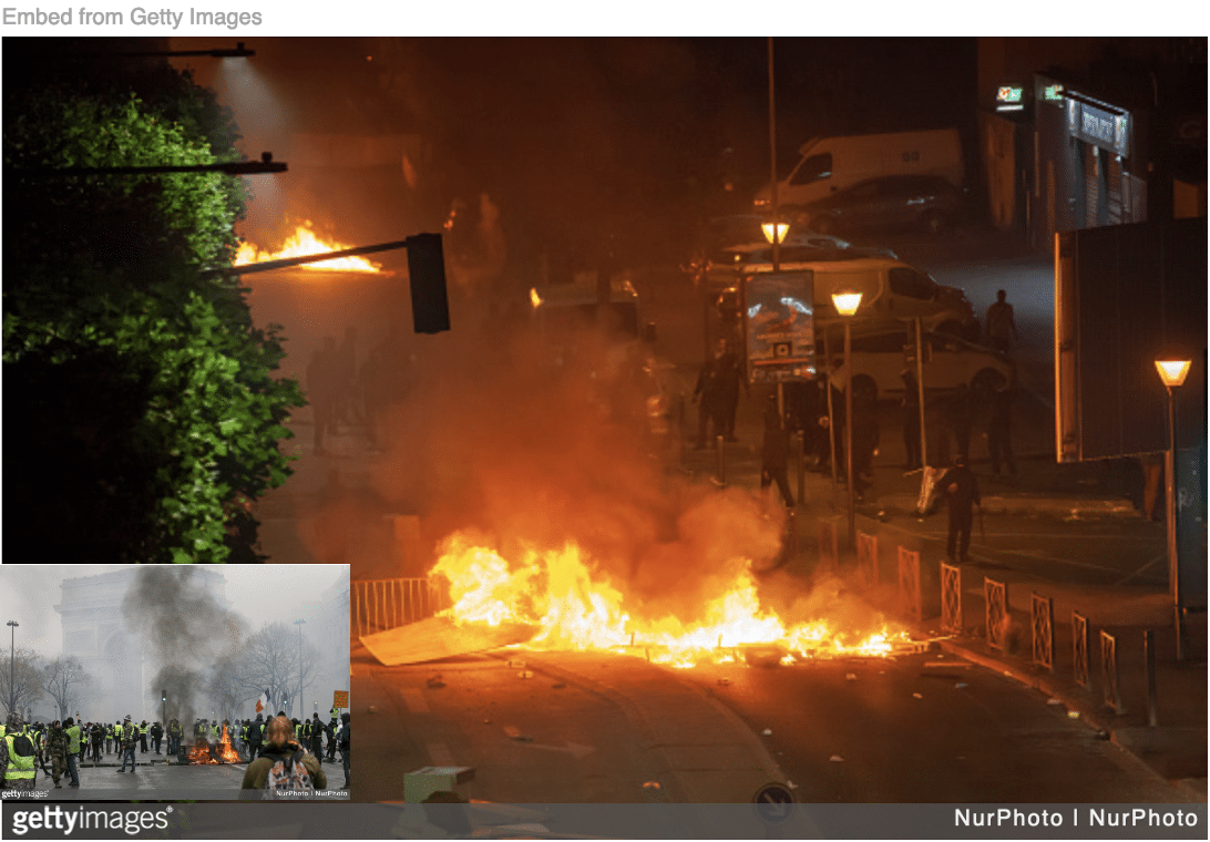 Fires raging as part of riots in France with image of Yellow Vest protest inset.