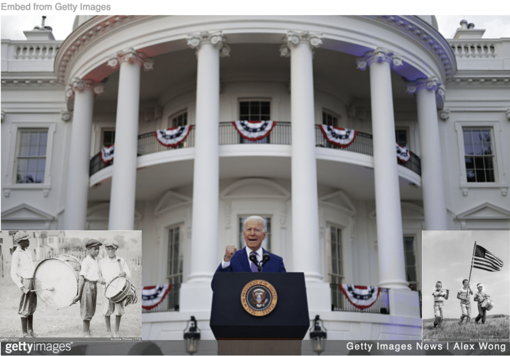 Biden celebrating Fourth of July with black kids and white kids doing the same in separate insets.