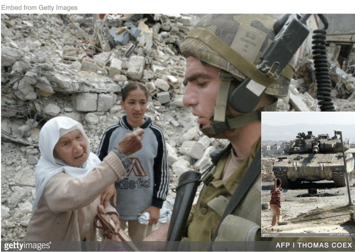 Palestinian woman upbraiding Israeli soldier with boy hurling rock at Israeli tank inset.