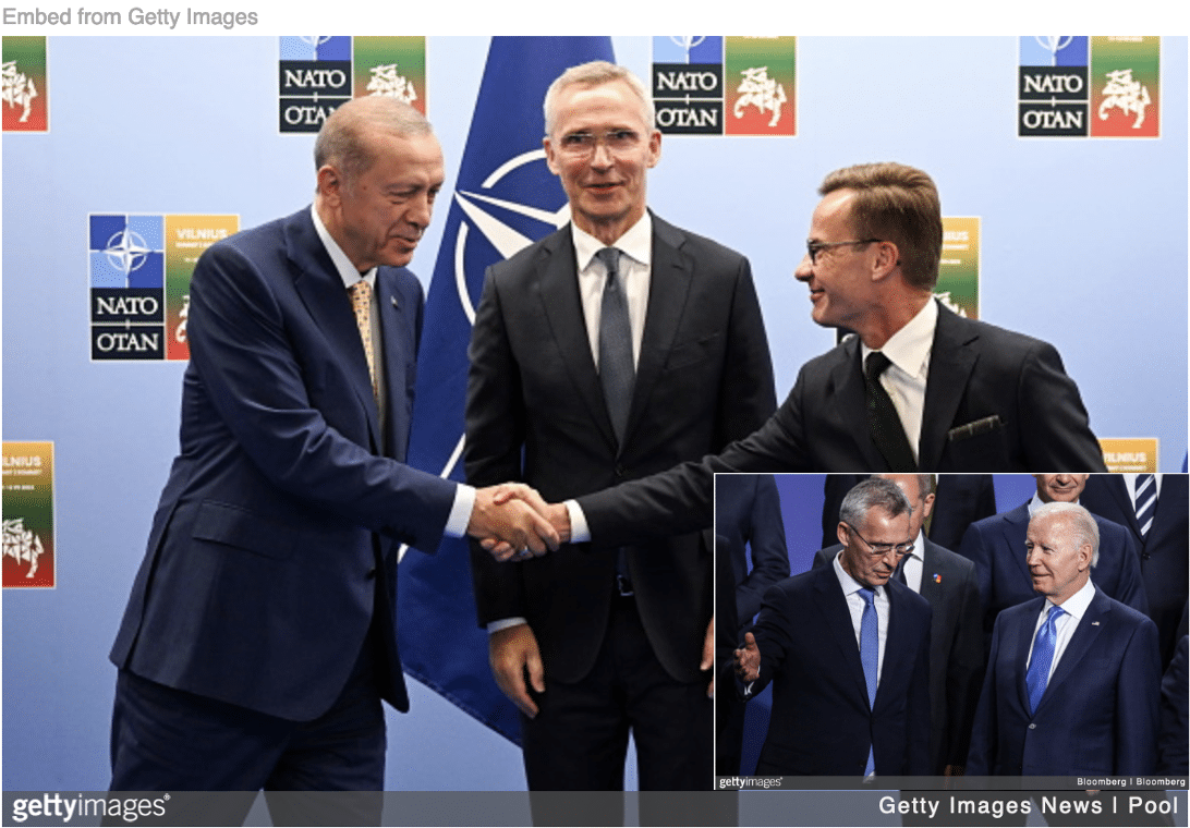 Erdogan and Swedish president shaking hands at NATO summit in Finland with NATO chief looking on.