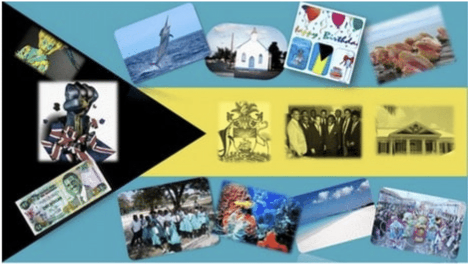 collage of images from The Bahamas set in Bahamian flag.