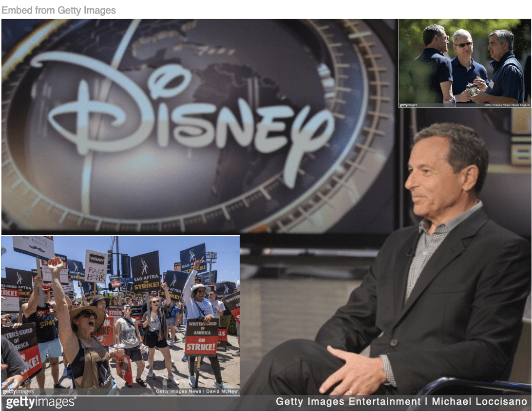 Bob Iger sitting with Disney logo with striking actors and writers and Iger at sun valley billionaires retreat inset.