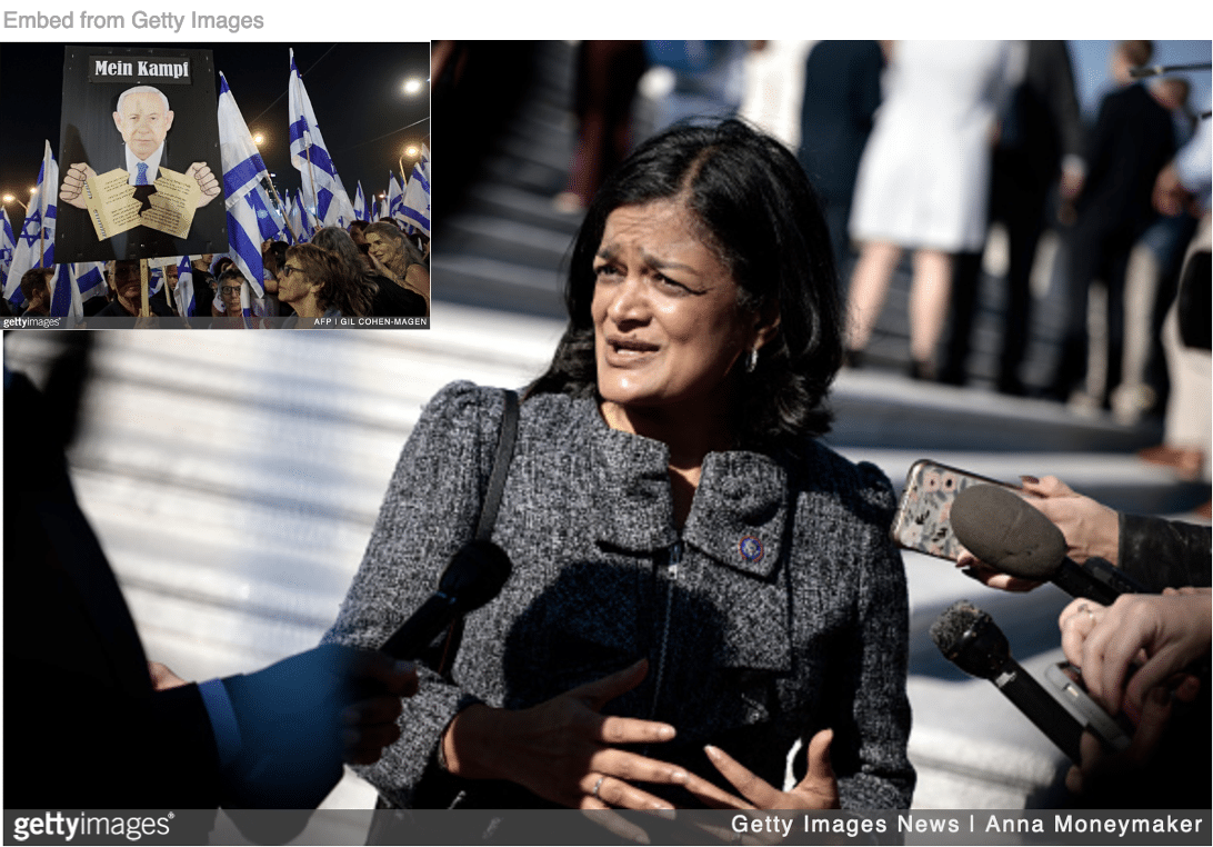 Rep. Pramila Jayapal addressing the media. She's facing criticisms for calling Israel a racist state. Israelis protesting Israel becoming a racist state inset.