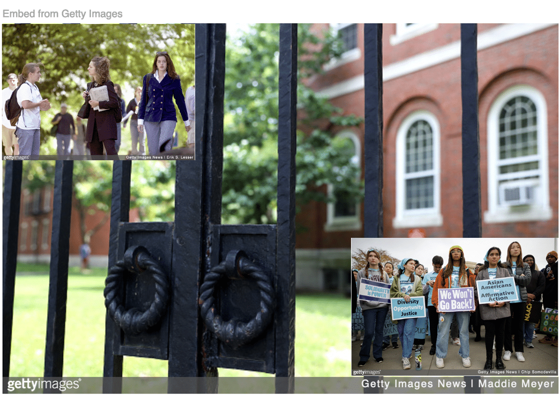 Main image of front gates of a college inset image of White students walking on campus and another of minority students protesting in support of affirmative action off camp.