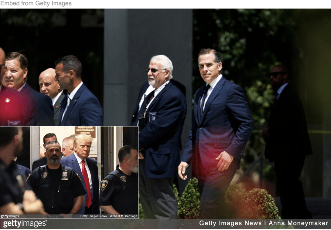 Hunter Biden leaving court after plea deal fell apart and image of Donald Trump entering court for his arraignment.
