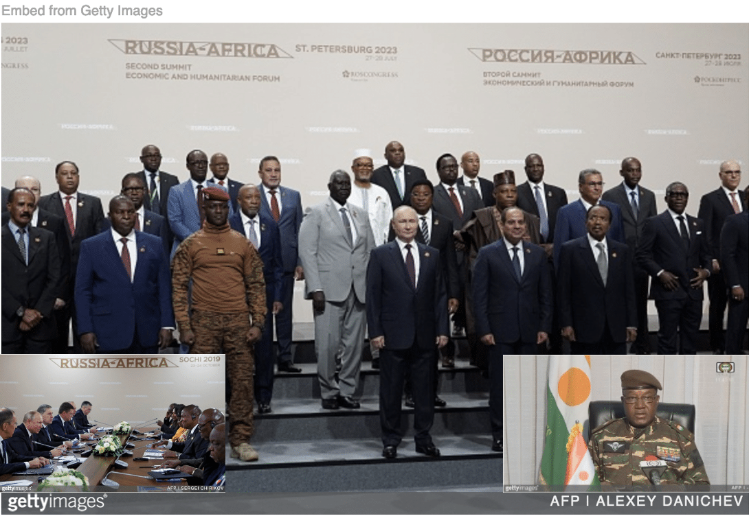 Class photo for Russia-Africa Summit in St. Petersburg with Putin meeting with African leaders and Niger general announcing coup inset.
