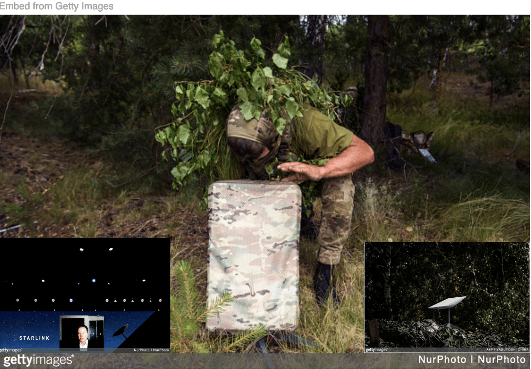 Ukrainian soldier planting a Starlink satellite and inset Musk addressing a Starlink conference and image of a planted satellite.