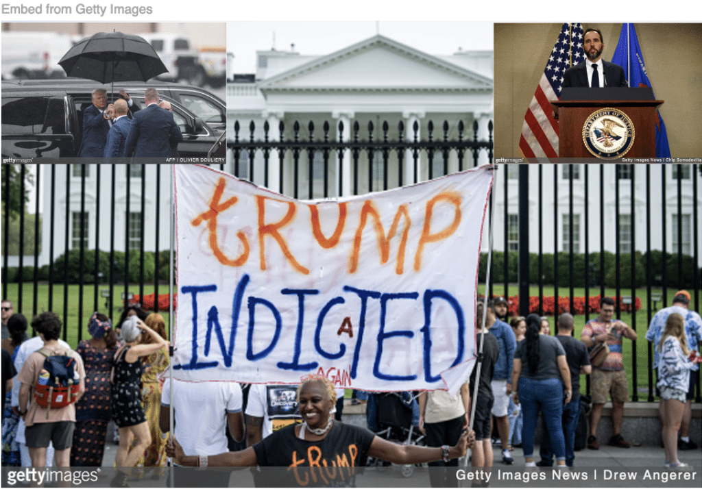 Protesters celebrating Trump Jan 6 indictment outside the White House with Jack Smith announcing the indictment and Trump leaving his arraignment inset.