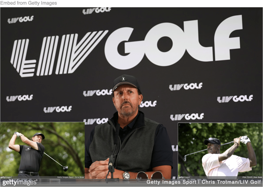 Phil Mickelson at press conference about joining LIV golf with Mickelson golfing and Jordan golfing inset.