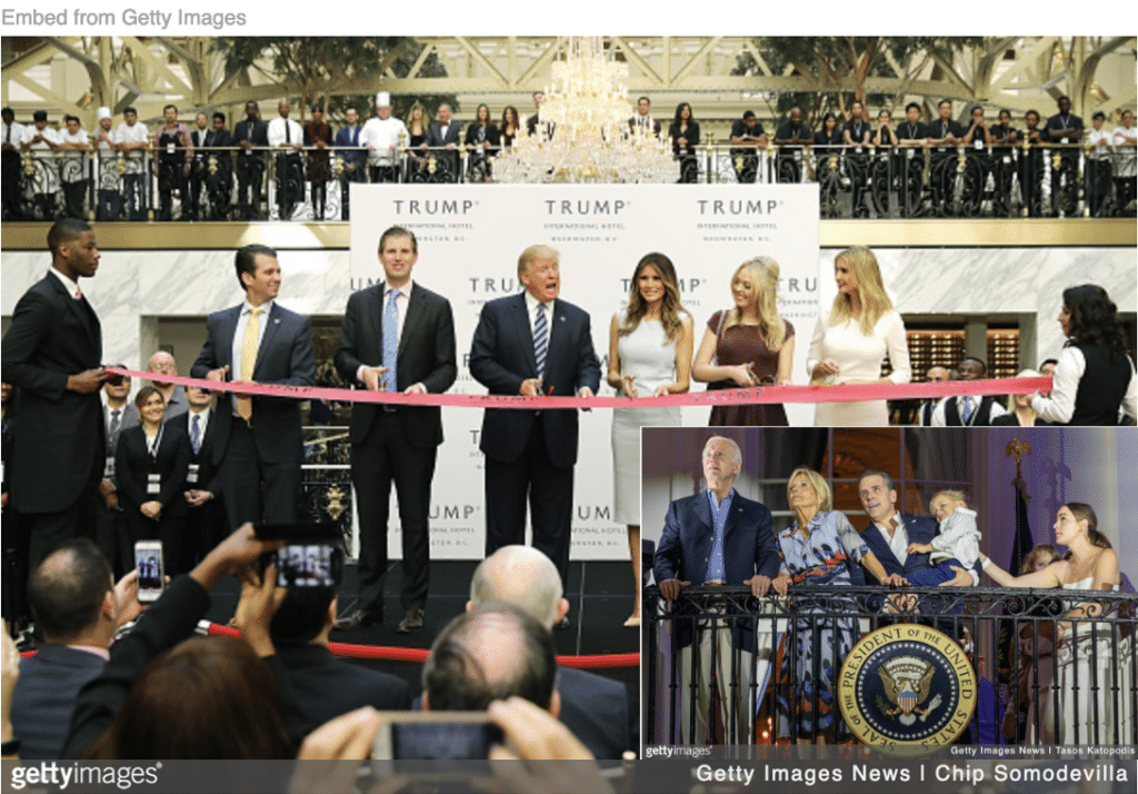 Trump family opening DC hotel and Biden family watching fireworks from White House inset. 