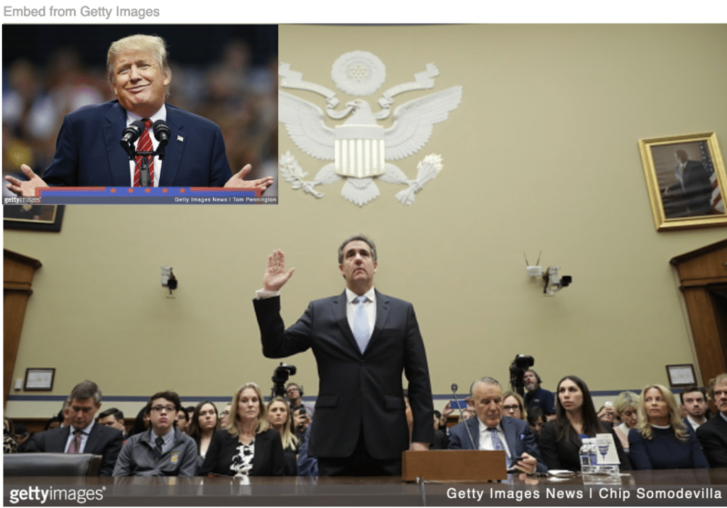Michael Cohen testifying before Congress with image of Trump at campaign rally inset.