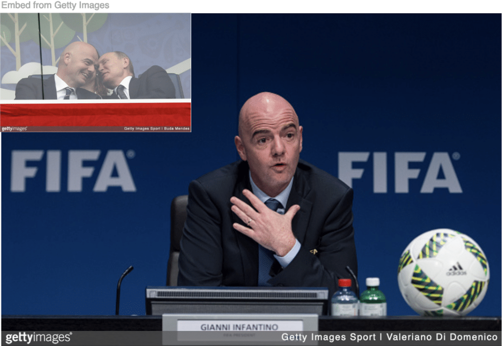 Fifa president Gianni Infantino addressing media and inset cozying up to Russian president Vladimir Putin.