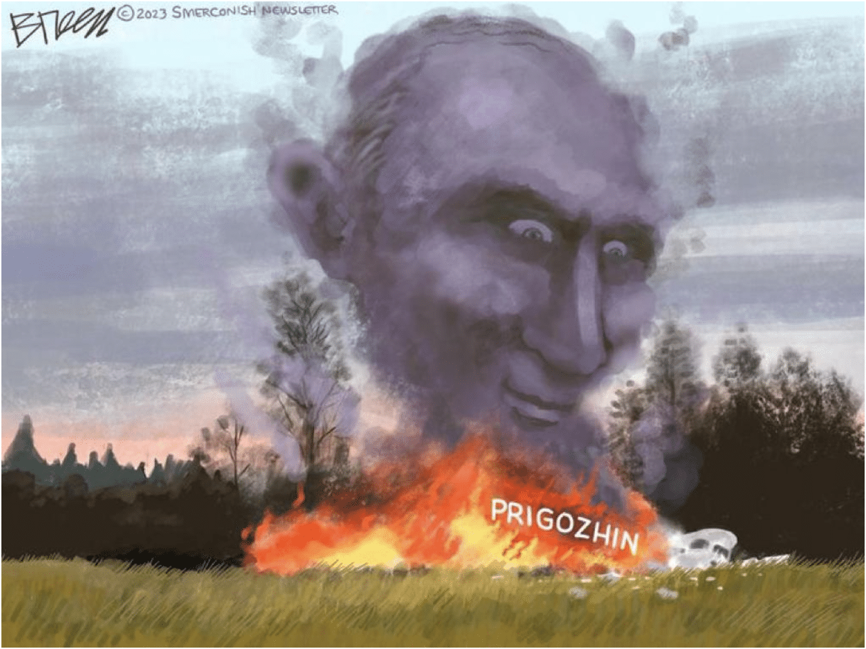 cartoon showing Putin looking like the devil in the smoke from the Prigozhin plane crash.