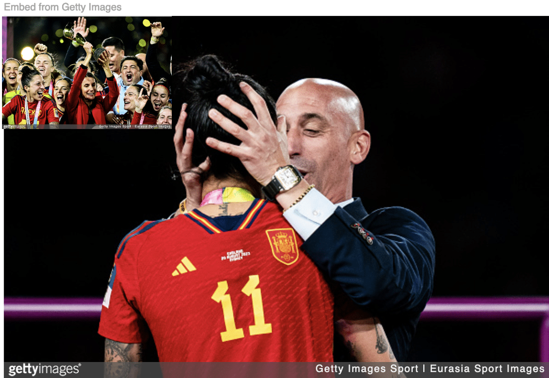Luis Rubiales kissing Jennifer Rubiales celebrating Spain's women's world cup victory.