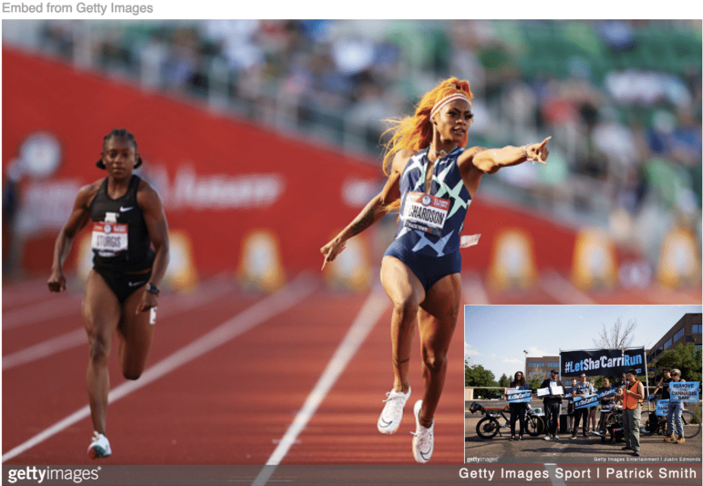 Sha'Carri Richardson winning the 100m at US Olympic Trials with protesters for legalizing marijuana inset.