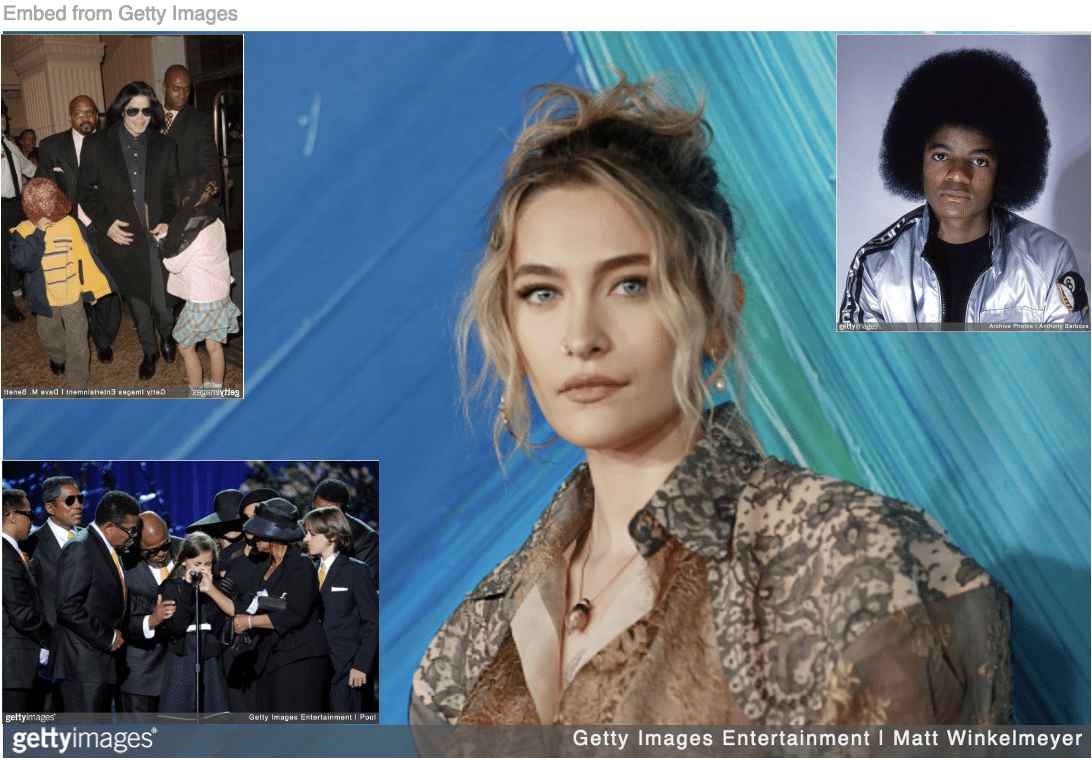 Paris Jackson with images of her and siblings with daddy Michael and at his funeral service and Michael before plastic surgeries inset.