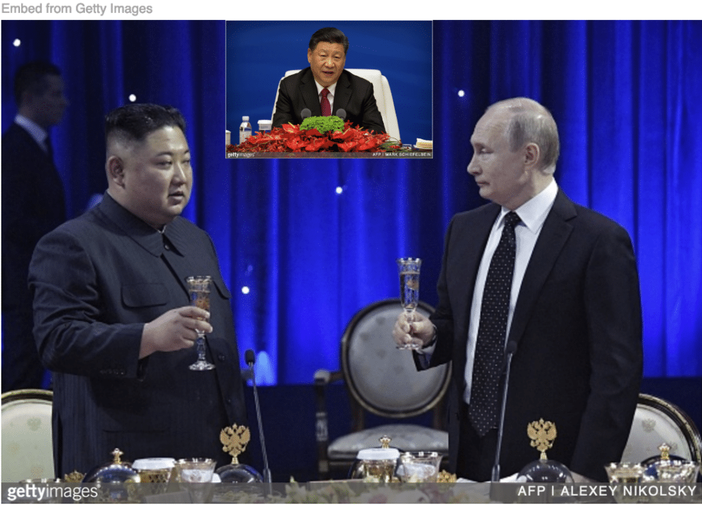 Kim and Putin toasting each other with image of Xi at head of table at cabinet meeting inset. 