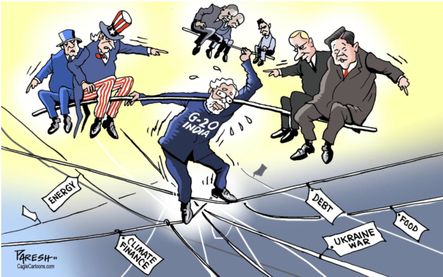 cartoon of PM Modi juggling competing factions at g20 summit in India.