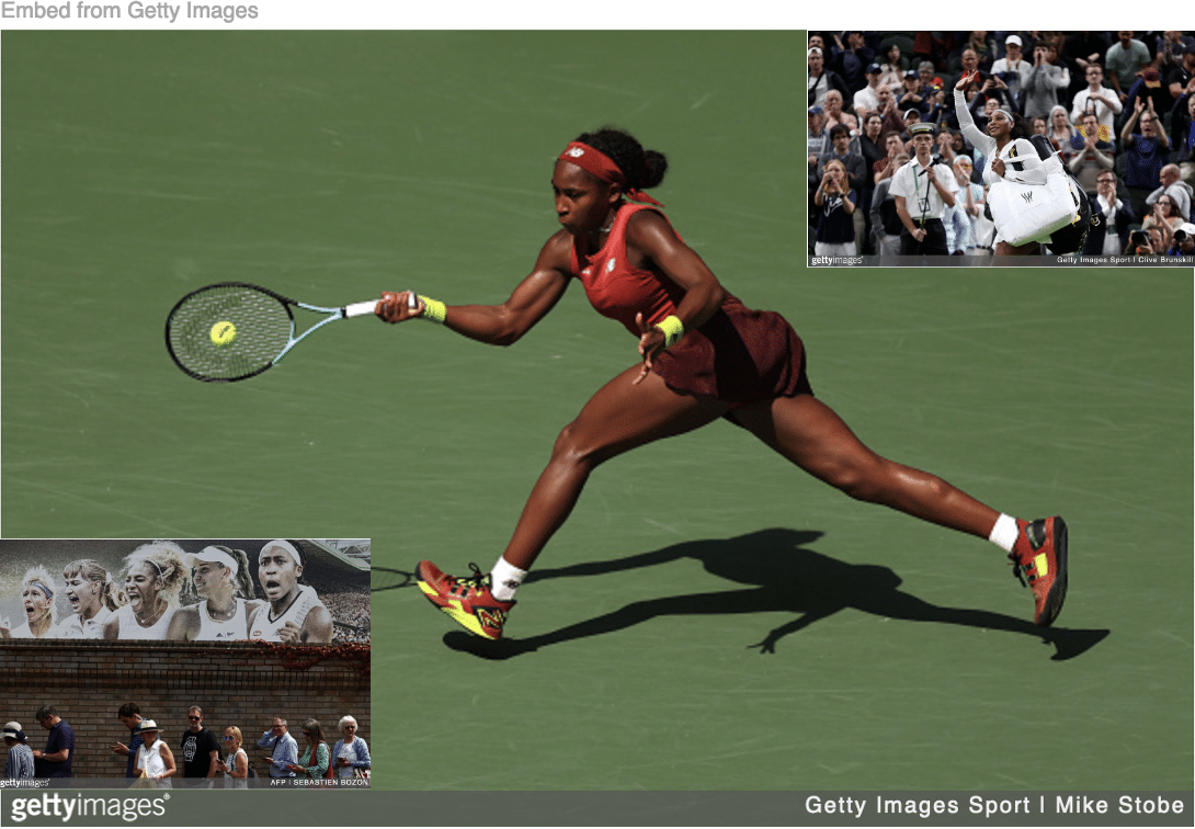 Coco Gauff playing the US Open with images of other great players and of Serena Williams inset.