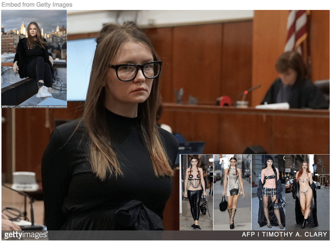 Anna Delvey in court and sitting at home under house arrest and Julia Fox modeling her skimpy outfits on streets in NYC.