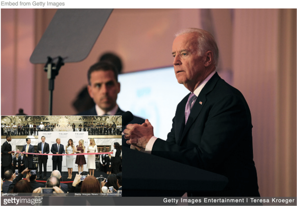 Biden speaking with his son Hunter looking on, and Trump cutting a resort ribbon along with his children inset.